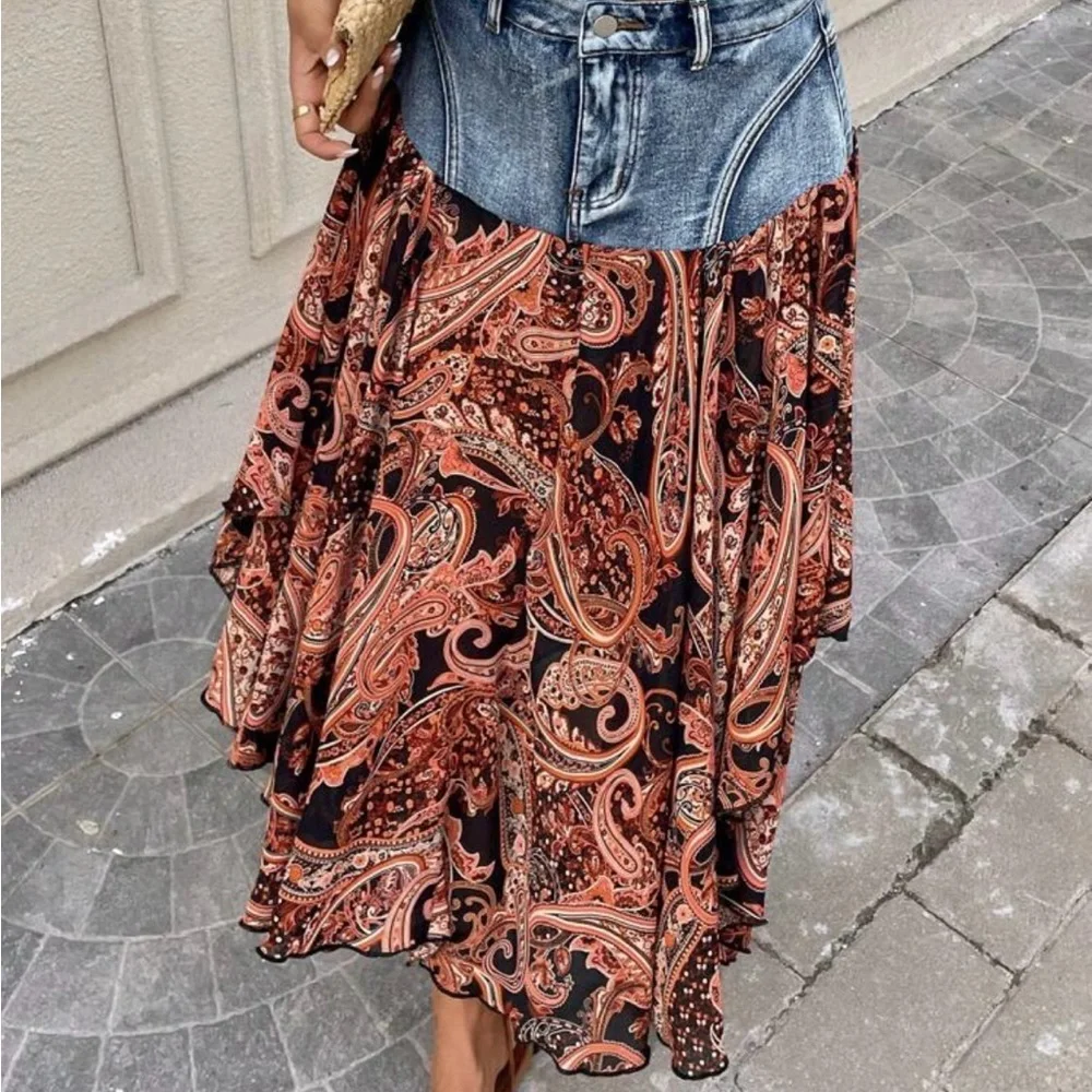 LAST ONE Blue and Orange Tiered Maxi Skirt